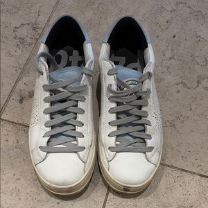 White Leather Sneakers with baby blue Accents